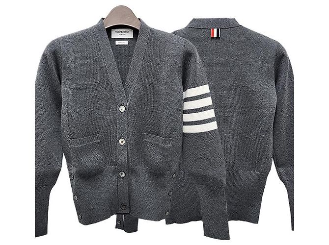 Thom Browne Milano-Stich Armband Bar Cardigan in Mittelgrau Braun - Ansicht 13