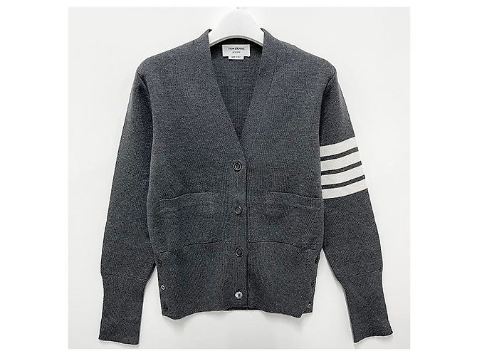 Thom Browne Cardigan Milan Stitch Bar Grigio Medio Marrone - vista 12