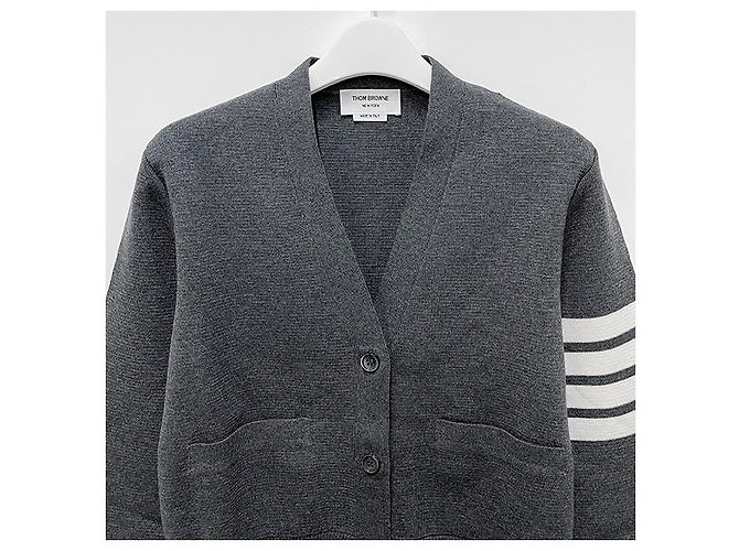 Thom Browne Cardigan Milan Stitch Bar Grigio Medio Marrone - vista 14