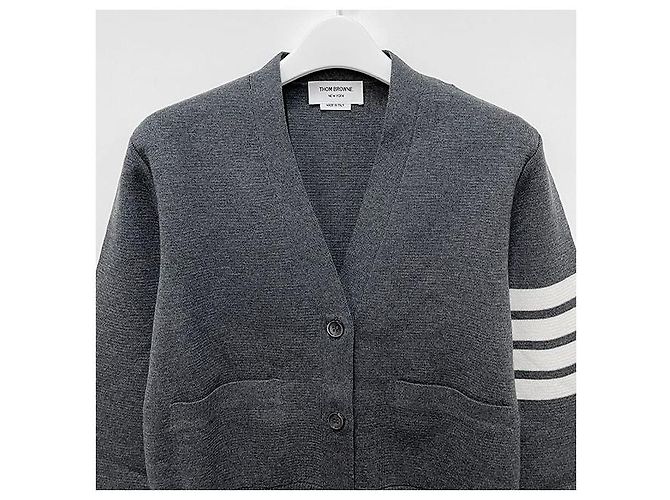 Thom Browne Cardigan Milan Stitch Bar Grigio Medio Marrone - vista 4