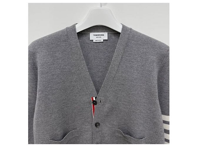 Thom Browne Diagonal Stripe Milano Stitch Wool Cardigan Light Grey - view 3