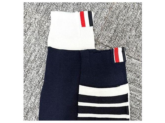 Thom Browne Calze Classiche Sottile a Mezza Polpaccio Blu Navy Bianco - vista 4