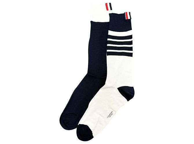 Thom Browne Calze Classiche Sottile a Mezza Polpaccio Blu Navy Bianco - vista 9