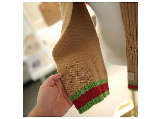 Gucci Sciarpa Striata in Lana Cammello Marrone - vista 11