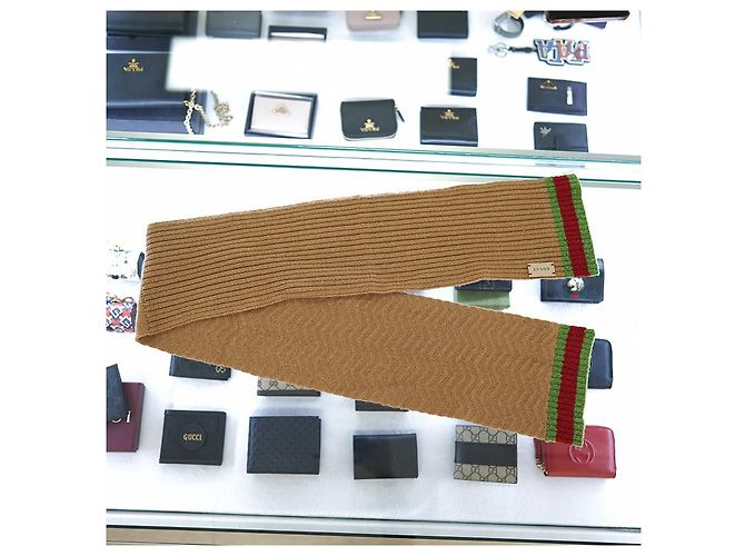 Gucci Sciarpa Striata in Lana Cammello Marrone - vista 19