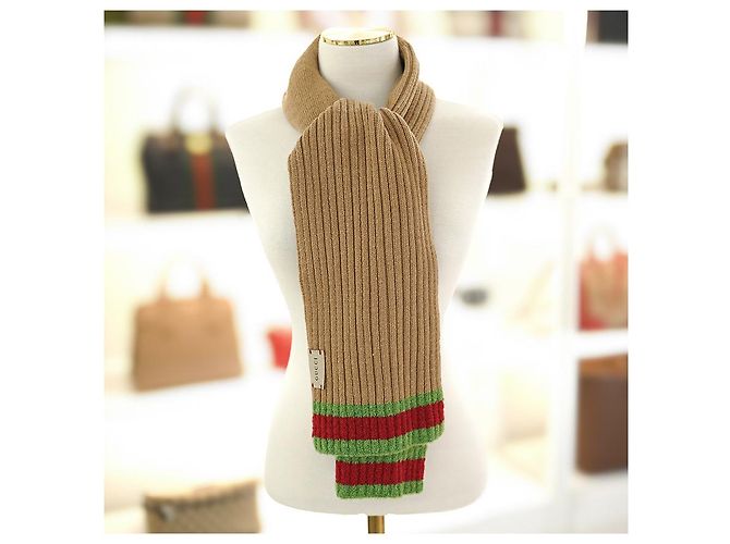 Gucci Sciarpa Striata in Lana Cammello Marrone - vista 2