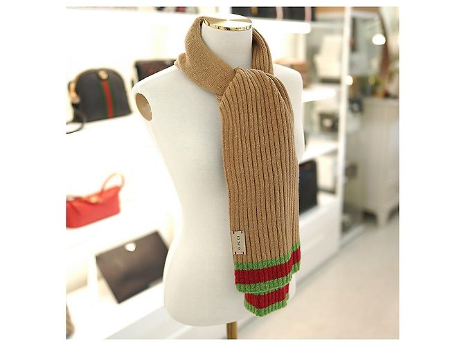 Gucci Sciarpa Striata in Lana Cammello Marrone - vista 3