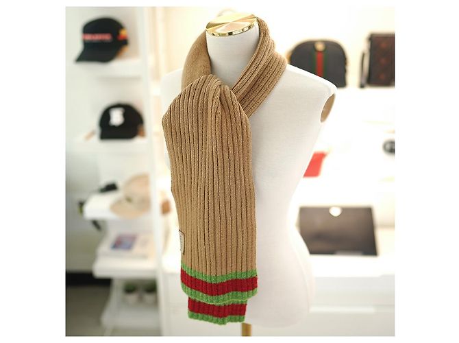 Gucci Sciarpa Striata in Lana Cammello Marrone - vista 4