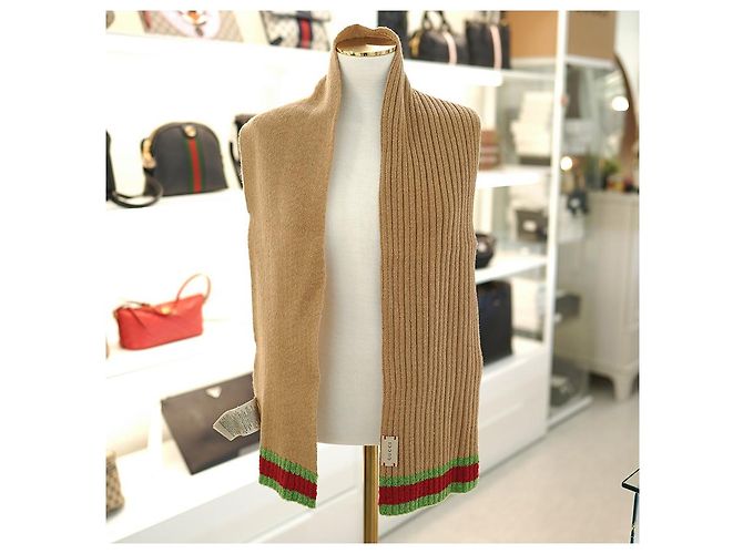 Gucci Sciarpa Striata in Lana Cammello Marrone - vista 6