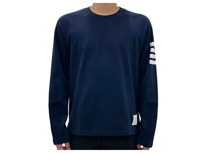 Thom Browne Diagonal Arm Band Side Slit Long Sleeve Tee Navy Blue - view 12