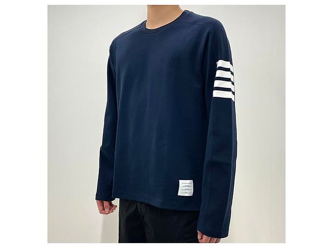 Thom Browne Diagonal Arm Band Side Slit Long Sleeve Tee Navy Blue - view 13
