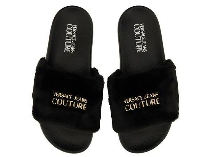 Versace Ciabatte in pelliccia con logo Nero - vista 8