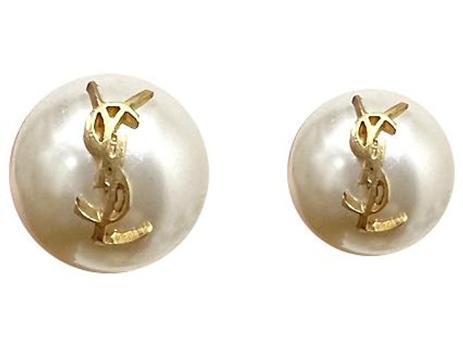 Saint Laurent Boucles d'oreilles en perles avec logo YSL or crème - vue 10