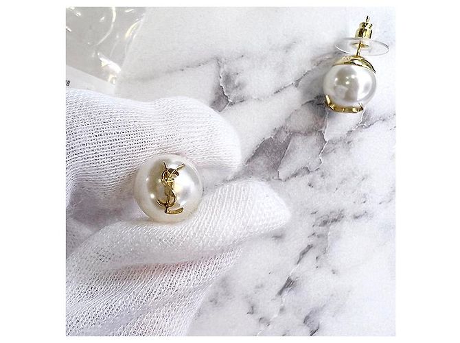 Saint Laurent Boucles d'oreilles en perles avec logo YSL or crème - vue 15