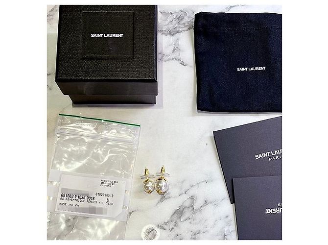 Saint Laurent Boucles d'oreilles en perles avec logo YSL or crème - vue 2