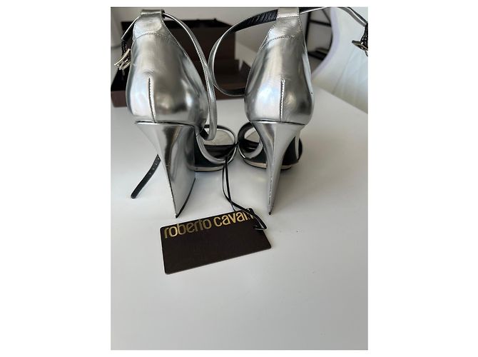 Sandali con zeppa metallici argento Roberto Cavalli - vista 4