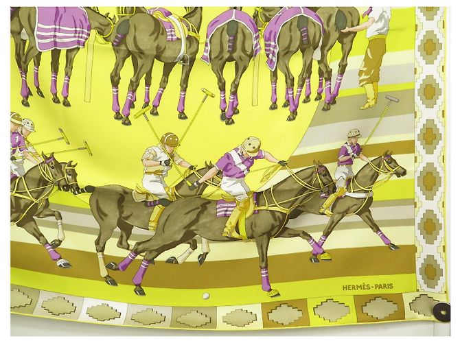 Hermès NUOVO SCIARPA HERMES I PONI DEL POLO WATRIGANT QUADRATO 90 SETA GIALLO - vista 4