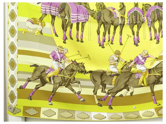 Hermès NUOVO SCIARPA HERMES I PONI DEL POLO WATRIGANT QUADRATO 90 SETA GIALLO - vista 5