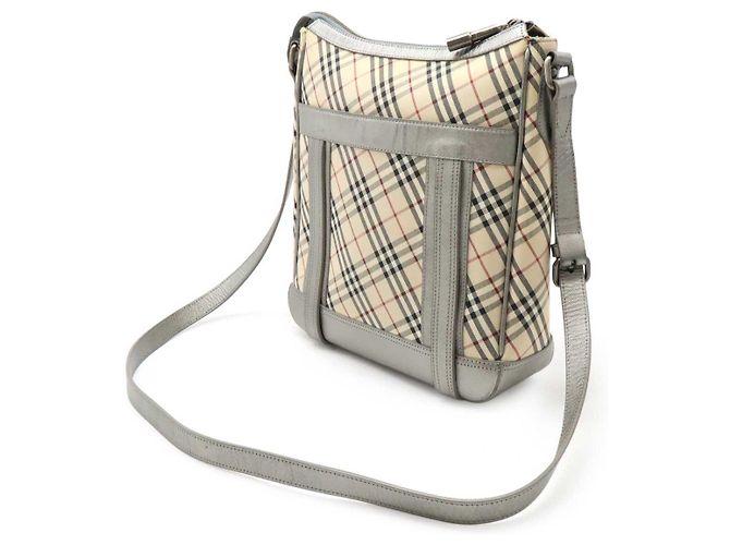 Burberry Schultertasche aus Nova Check Canvas mit metallischem Leder Schwarz Silber Beige Bordeaux - Ansicht 2