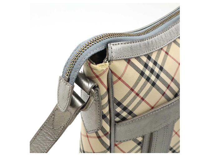 Burberry Schultertasche aus Nova Check Canvas mit metallischem Leder Schwarz Silber Beige Bordeaux - Ansicht 4