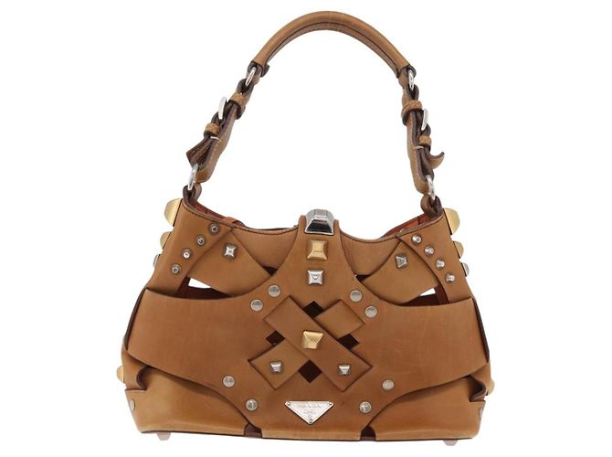 PRADA Borsa a Spalla con Borchie in Pelle Plastica Marrone Argento Auth 172906SAV - vista 13