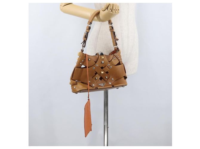 PRADA Borsa a Spalla con Borchie in Pelle Plastica Marrone Argento Auth 172906SAV - vista 23