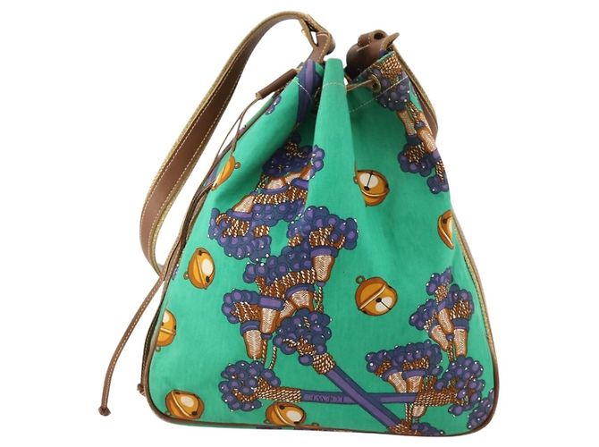 Borsa a Spalla LOEWE in Tela Verde Oro Auth BA10740 D'oro - vista 13