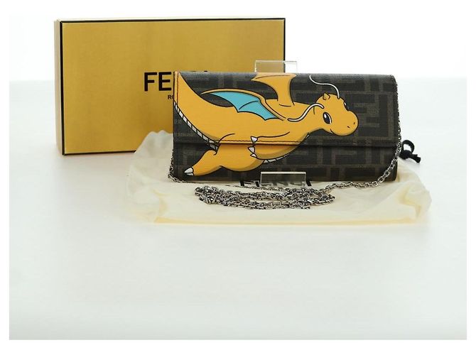 FENDI xFRGMTxPOKEMON Portafoglio a Catena in Tela Zucca Drago Nero Auth 166959SM - vista 12