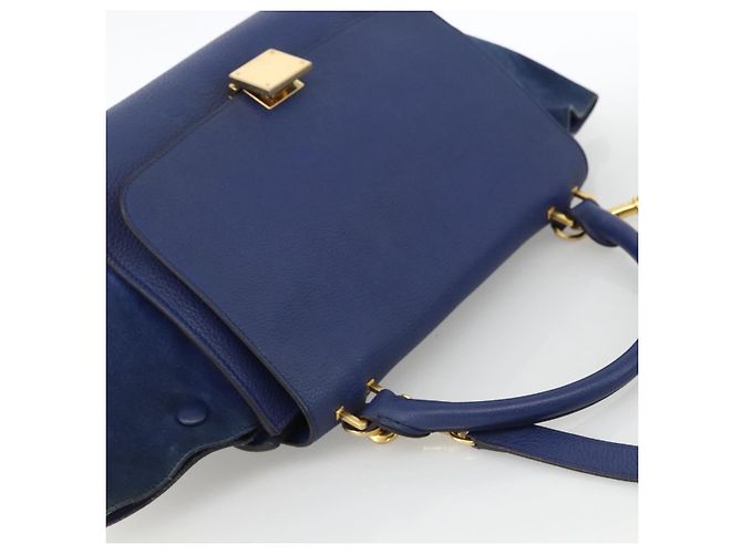 Céline Borsa a mano Trapeze CELINE in pelle scamosciata 2 in 1 blu oro Auth ka2823 D'oro - vista 6
