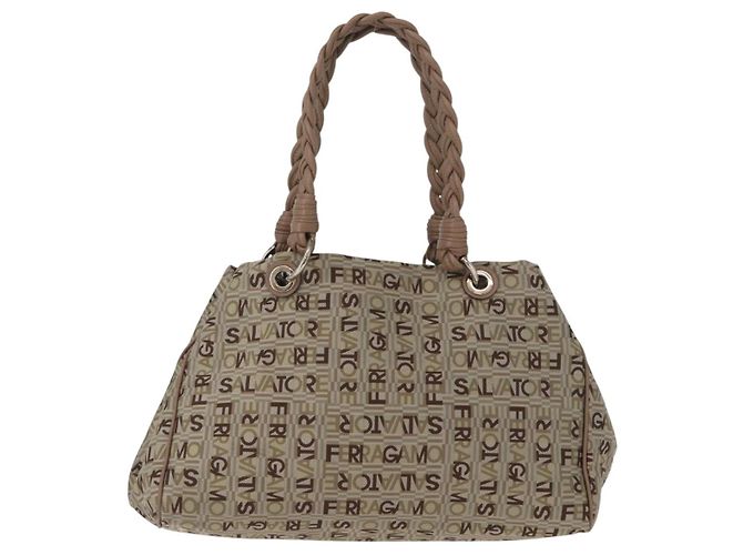 Borsa Tote Salvatore Ferragamo in tela beige oro Auth BA10067 - vista 13