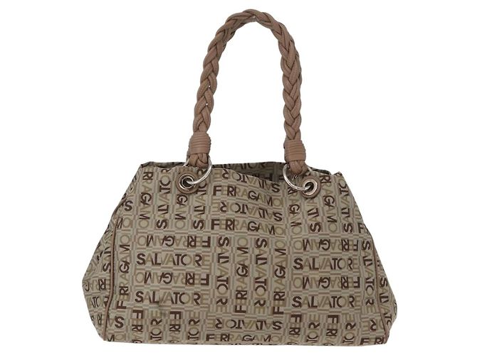 Borsa Tote Salvatore Ferragamo in tela beige oro Auth BA10067 - vista 2
