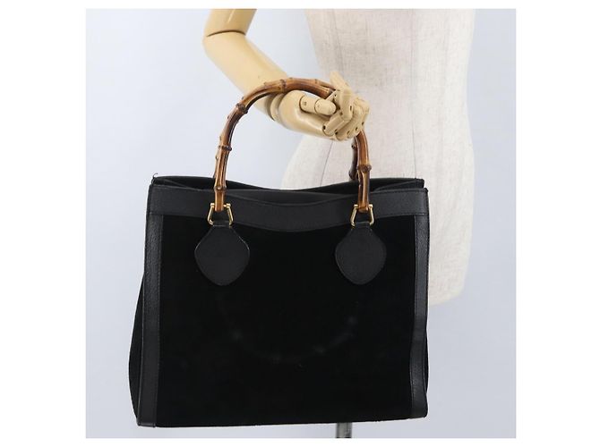 Bamboo Bolsa de Mão em Bambu GUCCI Camurça Preta Dourada 002 1096 0260 Auth 172841 Preto Dourado - vista 26