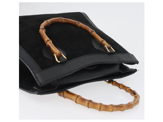 Bamboo Bolsa de Mão em Bambu GUCCI Camurça Preta Dourada 002 1096 0260 Auth 172841 Preto Dourado - vista 6