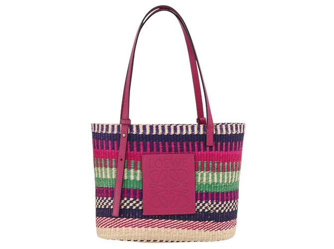 LOEWE Anagramm Tote Bag Raffia Leder Rosa Mehrfarbig Auth LNZ404SAM Pink Mehrfarben - Ansicht 13