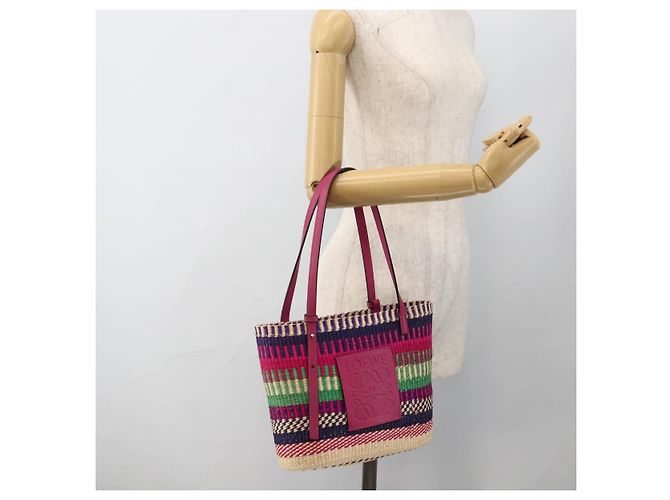 LOEWE Anagramm Tote Bag Raffia Leder Rosa Mehrfarbig Auth LNZ404SAM Pink Mehrfarben - Ansicht 19