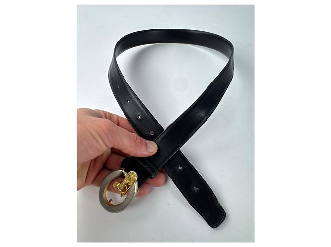 Céline Schwarzer Leder-Gürtel mit Vintage Celine Paris Wagenlogo - Ansicht 4
