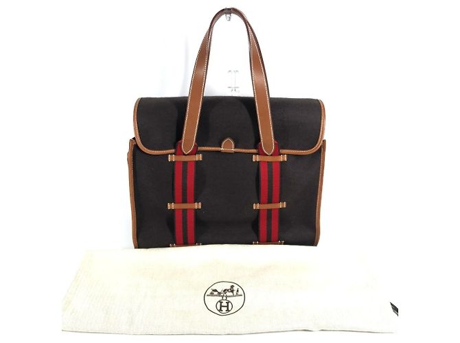Borsa tote in tela a righe Camoil con logo Hermès Marrone Rosso - vista 17