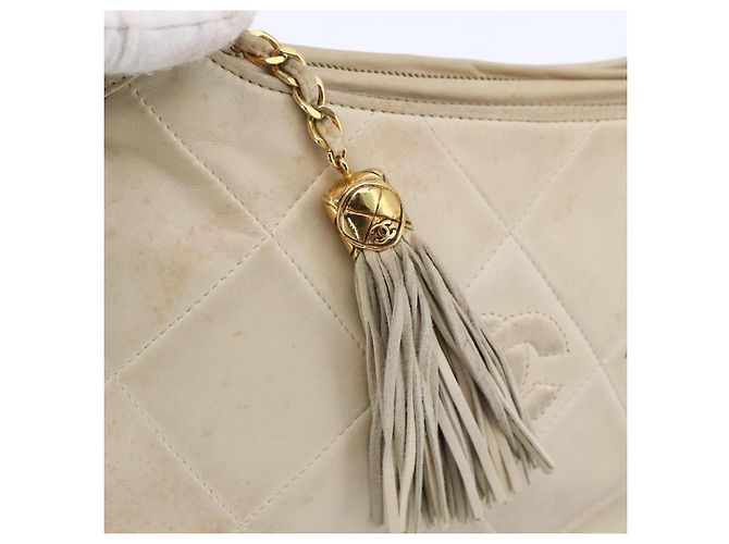 CHANEL Borsa a Spalla Matelassé in Pelle di Agnello Avorio Oro CC Auth LNZ015A D'oro Crudo - vista 18