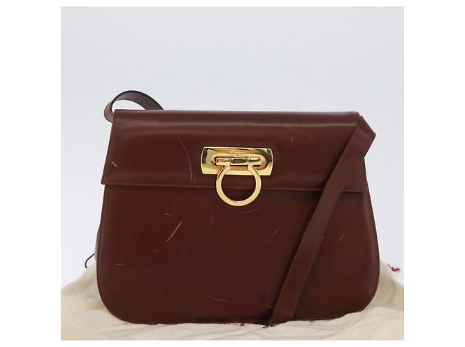 Bolso de Hombro Gancini de Cuero Marrón Dorado Auth 173491 de Salvatore Ferragamo - vista 12
