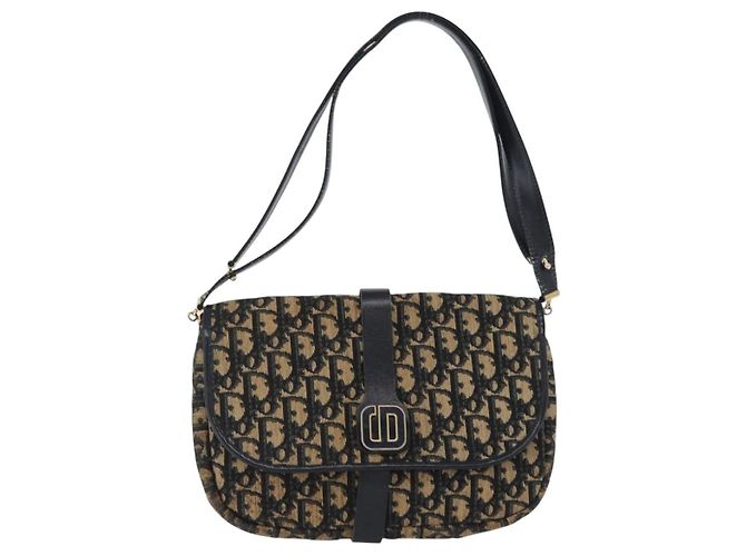 Borsa a Spalla in Tela Trotter Christian Dior Blu Navy Oro Auth 172525 D'oro - vista 13
