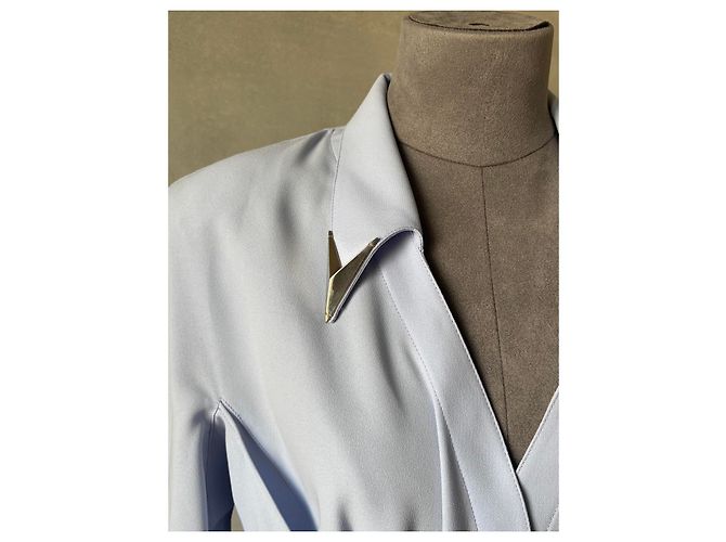 Thierry Mugler Hellblaues langes Hemdblusenkleid mit Gürtel - Ansicht 3