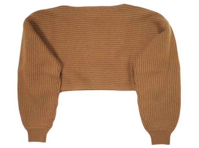 Autre Marque CLANE BOAT NECK SHORT KNIT TOPS Wool Nylon Knit Top Brown Camel - view 2