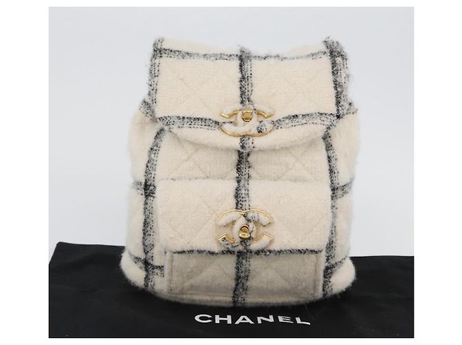 CHANEL Zaino Matelassé con Catena Tweed Bianco Oro CC Auth 172472SM D'oro - vista 12