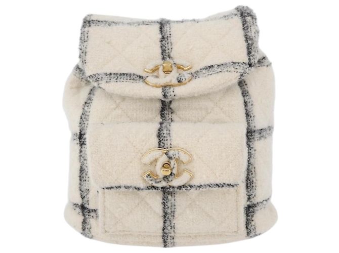 CHANEL Zaino Matelassé con Catena Tweed Bianco Oro CC Auth 172472SM D'oro - vista 13