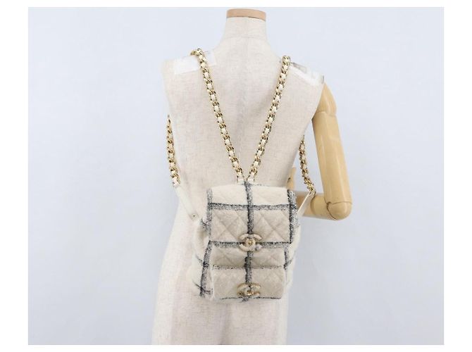CHANEL Zaino Matelassé con Catena Tweed Bianco Oro CC Auth 172472SM D'oro - vista 29