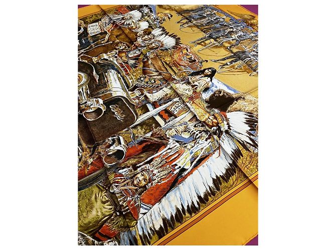 Foulard in seta Hermès 'Concours d'Elegance' Marrone Bianco Rosso Blu Grigio Giallo Gold hardware - vista 12