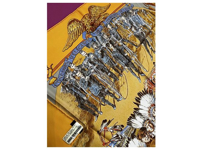Foulard in seta Hermès 'Concours d'Elegance' Marrone Bianco Rosso Blu Grigio Giallo Gold hardware - vista 3