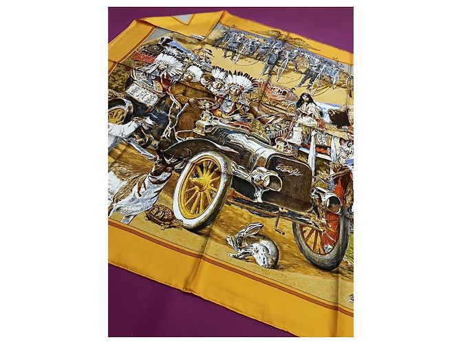 Foulard in seta Hermès 'Concours d'Elegance' Marrone Bianco Rosso Blu Grigio Giallo Gold hardware - vista 9
