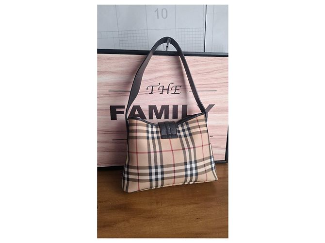 Borsa a spalla Burberry in tela Haymarket Nero Beige - vista 2