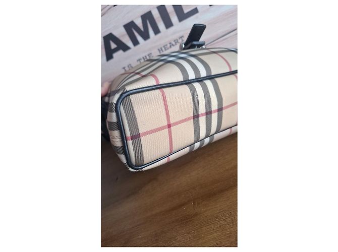 Borsa a spalla Burberry in tela Haymarket Nero Beige - vista 5